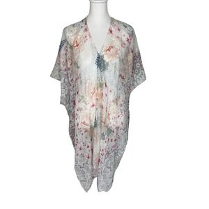 Woven‎ Heart Floral Kimono Wrap One Size Pink White Gold Foil Sheer Cover Up